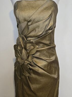Jessica McClintock Metallic Bronze Strapless Floral Applique Dress